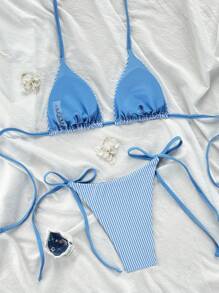 Swim Mod 2pcs/Set New Crinkle Striped Halter Tie Side High Cut Spaghetti Strap Bikini Swimwear, Blue & White Beach Vacation Women Swimwear For Summer - Blue - View 3
