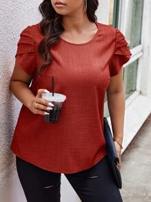 Calvaya 加大码纯色圆领优雅短袖衬衫，适合夏季 - 紅色 - 查看 5