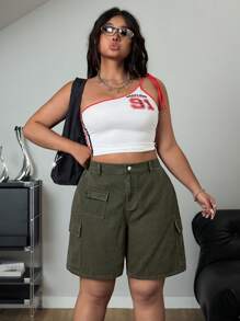SHEIN ICON Plus Size Summer Casual Solid Color Multi-Pocket Shorts - Army Green - View 5