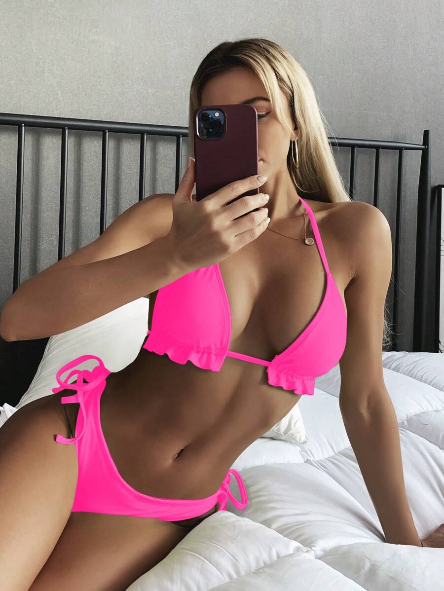 SHEIN Swim Women Summer Beach Solid Color Ruffle Halter Tie Front Sexy Pink Bikini Set, Triangle Cup - Hot Pink - View 1