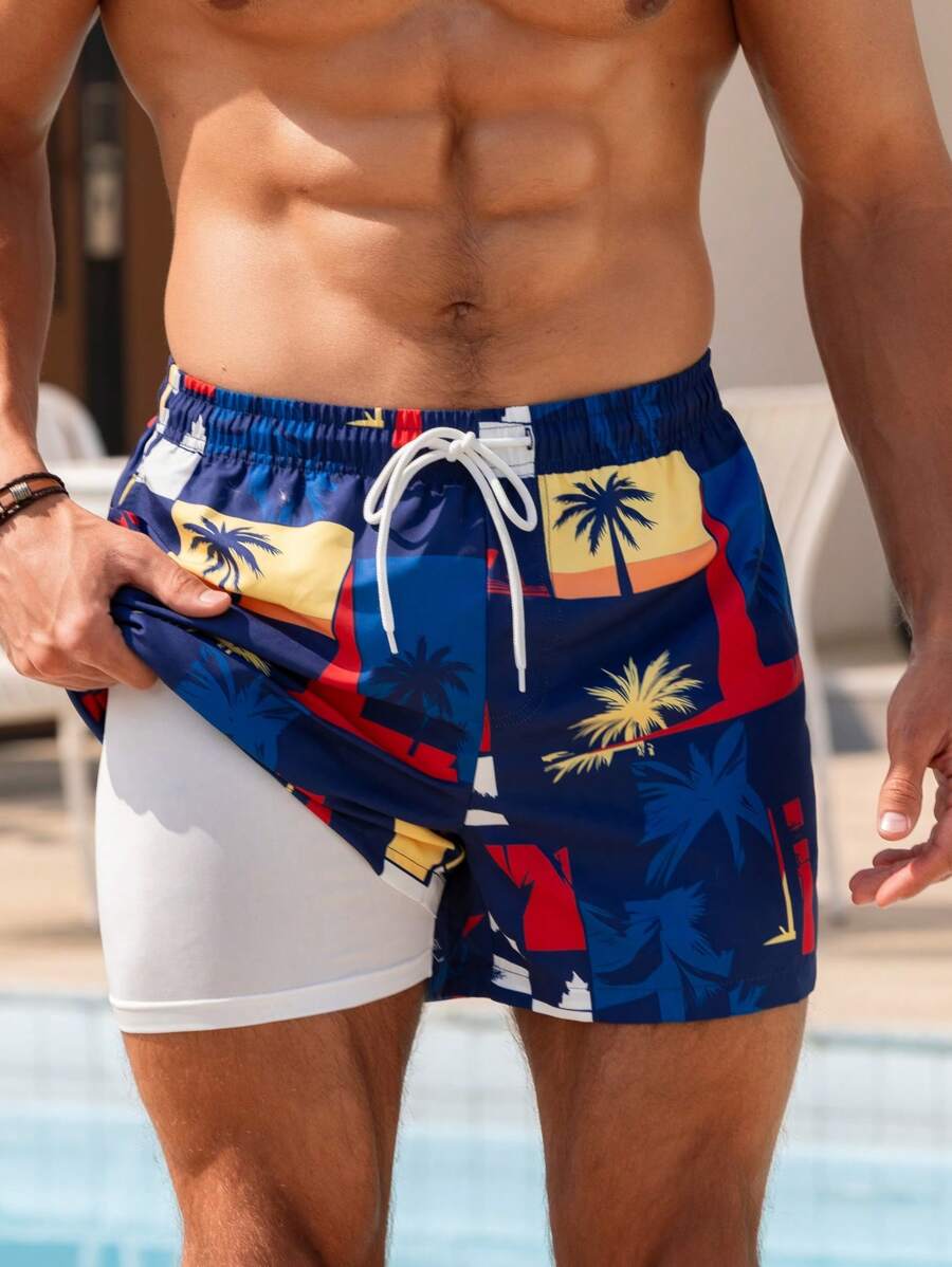 Manfinity Swimmode Men's Summer Vacation Coconut Tree Print Drawstring Waist Beach Shorts - Navy Blue - View 1