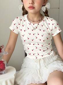 SHEIN 3 件套青少年女孩休闲蝴蝶结、樱桃、碎花圆领褶饰修身短袖 T 恤套装 - 彩色 - 查看 5
