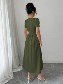 Elenzga Women's Elegant Commuting Trapezoid Collar, Cuff, Button Decoration, Waist-Cinched, A-Line, Slit Hem Long Sleeve Dress, Spring/Summer - Army Green - View 2