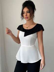 Elenzga Elegante blusa primaverile/estiva da donna con colletto a blocchi di colore, in tessuto intrecciato