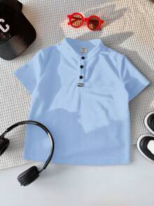 Áo thun polo tay ngắn màu trơn thoải mái cho bé trai mặc thường ngày, thích hợp cho mùa xuân và mùa hè, thích hợp cho mùa hè, mùa xuân, tuyệt vời cho hoạt động ngoài trời, trường học, phong cách đường phố, tiệc tùng và mặc thường ngày, hiệu suất cao - Màu xanh nhạt - Xem 7