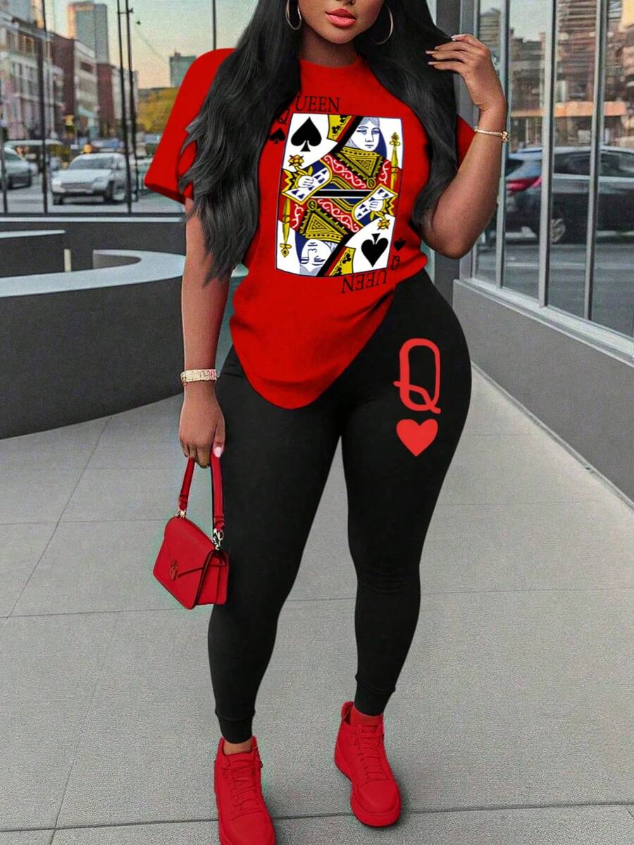 Maweii Zestaw 2 szt. dla kobiet w dużych rozmiarach: koszulki z krótkim rękawem i okrągłym dekoltem z nadrukiem w karty pokerowe oraz spodnie, casualowe - Wielokolorowe - Zobacz 1