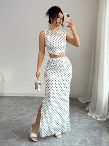 Selianne 2 件套女士优雅波尔卡圆点网眼印花褶皱无袖短款上衣和迷你裙套装