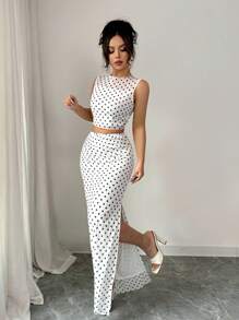 Selianne 2 件套女士优雅波尔卡圆点网眼印花褶皱无袖短款上衣和迷你裙套装