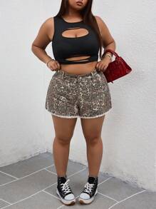 SHEIN EZwear Plus Size Women Leopard Print Casual Denim Shorts, Street Style