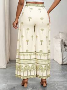 SHEIN Lady Women's Elegant Vacation Palm Tree Print Tie Waist Pocket Long Pants - Multicolor - View 3