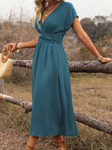 EMERY ROSE 女式波西米亚度假风格褶皱收腰打结落肩喇叭袖中长连衣裙，休闲夏季