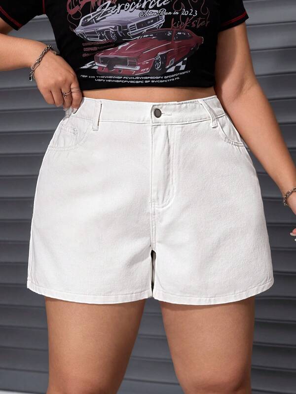 SHEIN ICON Plus Size Women Casual Solid Color Pocket Loose Denim Shorts