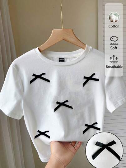 Tseoso Casual Minimalist 3D Embroidered Black Bow Crew Neck Short Sleeve Cropped Fitted Women T-Shirt, Retro Style,Bowknot Strap Suitable For Going Out
