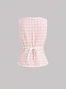 SHEIN MOD Women's Elegant Pink Knitted Houndstooth Tank Top With Contrast Binding And Pearl Buttons - Pink - View 2