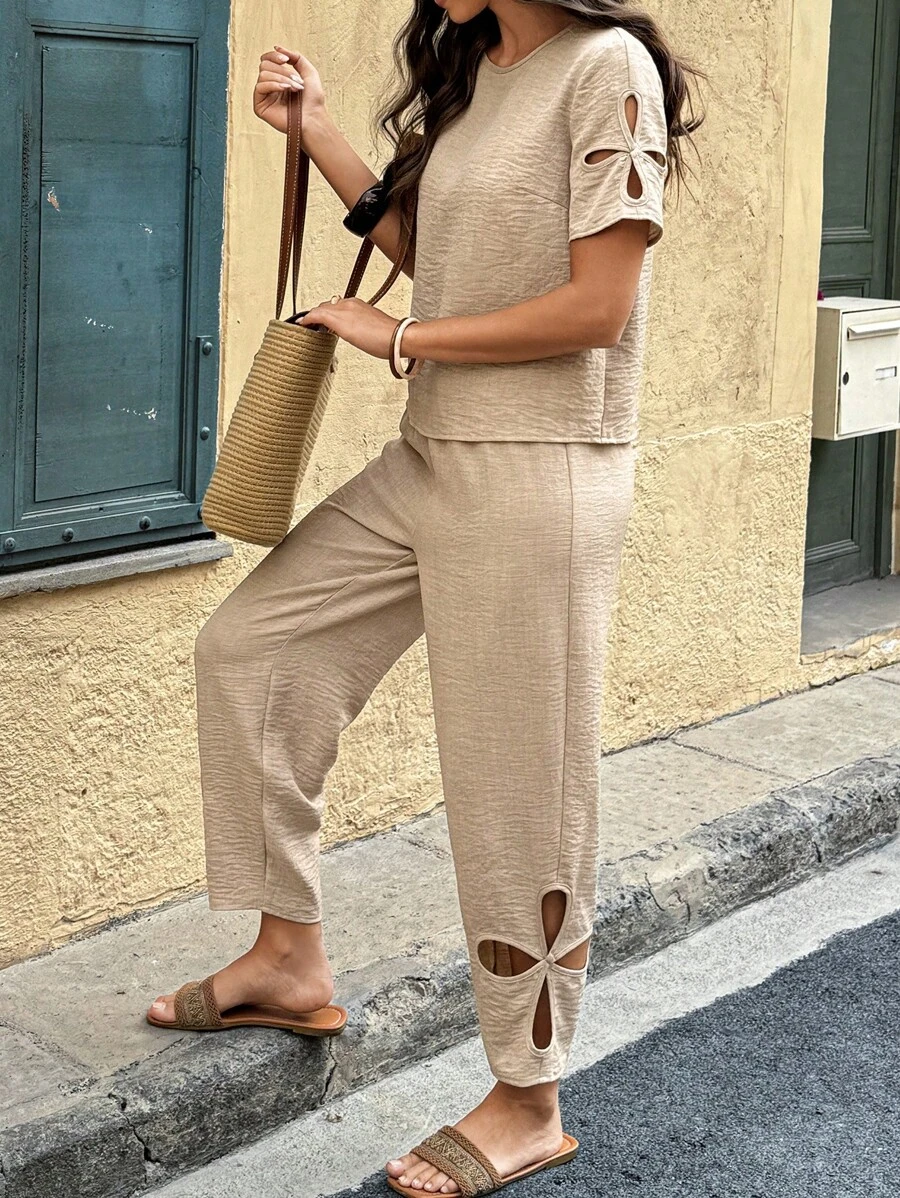 2pcs Women's Set: Hollow Sleeve Round Neck Blouse + Hollow Casual Pants - Khaki - View 1