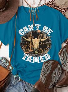 SHEIN LUNE Plus Size Women's Summer Western Style Cowboy Heat Transfer Print Casual Short Sleeve T-Shirt Graphic Tees Women Tops - Teal Blue - View 1