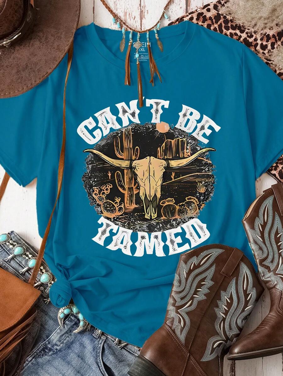 SHEIN LUNE Plus Size Women's Summer Western Style Cowboy Heat Transfer Print Casual Short Sleeve T-Shirt Graphic Tees Women Tops - Teal Blue - View 1