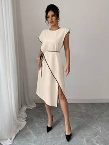 Elenzga French Minimalist 2025 Spring/Summer Loose Waist-Tied Asymmetrical Dress, High-Quality Mandarin Collar - Apricot - View 6