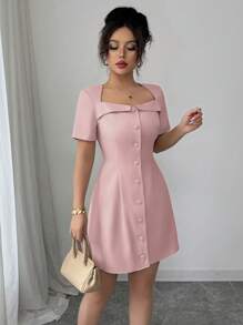 Elenzga 女式优雅通勤梯形领荷叶边前扣腰A字短袖迷你连衣裙，春夏 - 粉色 - 查看 6