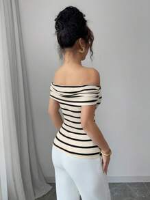 Elenzga Elegant French Vintage Striped Off-The-Shoulder T-Shirt, Boho Holiday & Casual Daily Wear - Apricot - View 2