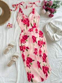 SHEIN Unity 大码女式玫瑰印花细肩带开衩下摆连衣裙，优雅夏日 - 粉色 - 查看 2