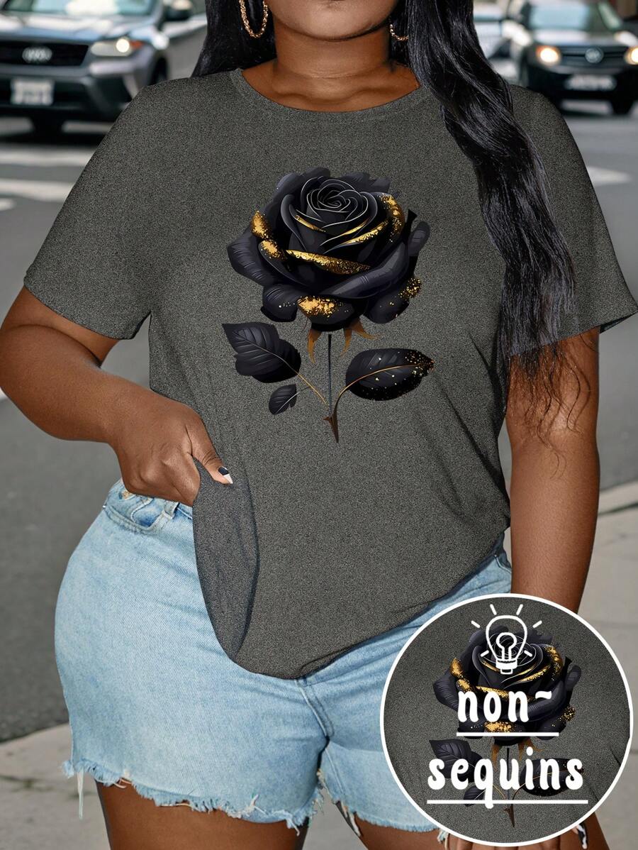 SHEIN LUNE Plus Size Loose Regular Fit Crewneck Short Sleeve Floral Print T-Shirt - Dark Grey - View 1