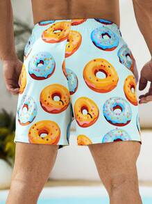 Surfspeed Men's Summer Donut Print Drawstring Waist Beach Shorts - Baby Blue - View 4