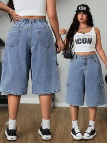 SHEIN ICON Plus Size Women Loose Straight Distressed Blue Cargo 3/4 Jeans With Large Pockets - Medium Wash - View 1