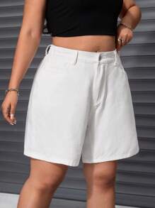 SHEIN ICON Plus Size Solid Pocketed Relaxed Fit Casual Denim Shorts - White - View 6