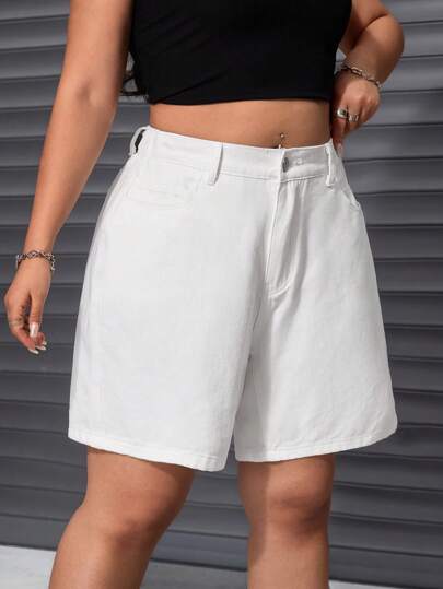 SHEIN ICON Quần short denim giản dị rộng rãi có túi màu trơn cỡ lớn