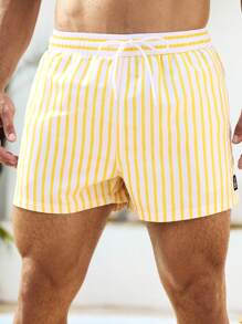 Manfinity Swimmode Men's Striped Drawstring Waist Loose Beach Shorts, Casual - Yellow - View 6