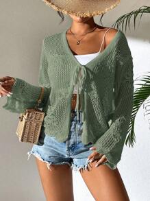 Breezaya Simple Solid Color Knit Tie Front Cardigan, Suitable For Everyday Wear Fall Winter Cloth For Women - Green - View 6