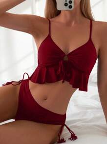 Swim Basics 女士纯色系带性感比基尼泳装套装，夏季海滩风格 - 酒紅色 - 查看 5