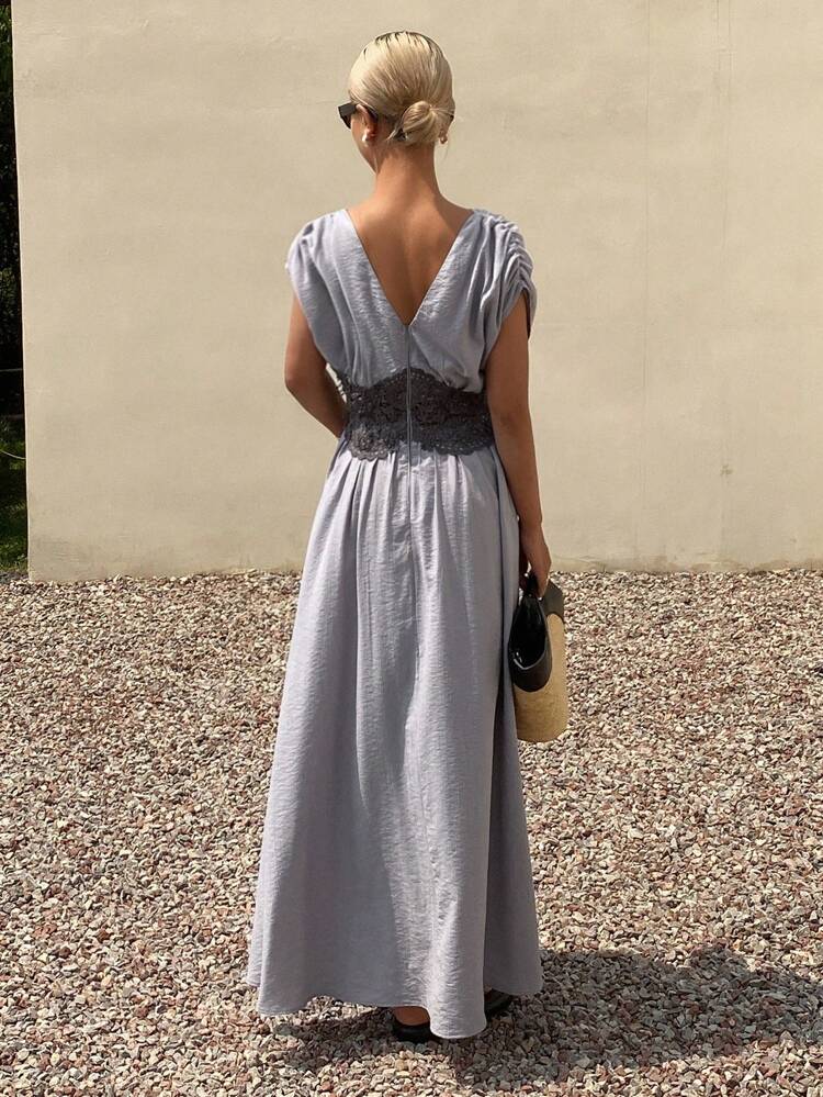 Lace Waist Ruching V-Neck Elegant Holiday Dress For Women, Summer,Formal Women Dresses Maxi Dress