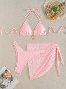 Swim Mod 3pcs/Set Pink Hollow Out Net Fabric Seashell Pendant Pink Bikini Swimsuit, Triangle Net Skirt, Halter Strap, Vacation Style For Summer - Pink - View 6