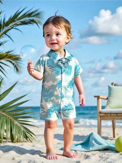 男婴热带植物印花衬衫领连体衣，舒适可爱，适合户外、度假和夏季任何场合