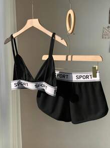 Comfortcana Letter Print Camisole And Shorts Set, Suitable For Summer Island Vacation Outfits