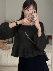 DAZY Women's Simple Textured Lantern Sleeve Ruffle Hem Black Blouse Long Sleeve Top