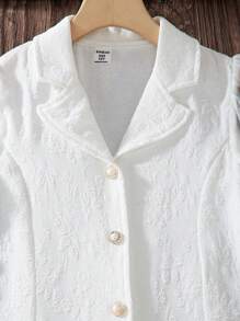 Tween Girl Bow Decor Short Puff Sleeve Single Breasted A-Line Dress - White - View 3