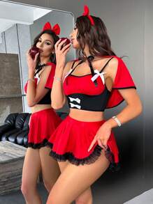 Fantasy Costume 3PCS Little Red Riding Hood Cosplay Costume For Women, Cloak, Mini Skirt, Red & Black, For Party, Music Festival Bridallingerie
