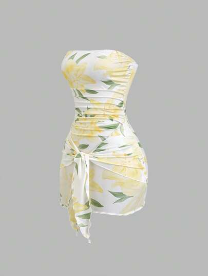 Sweetra 女式花卉针织裹身迷你连衣裙，性感，合身，适合春、夏、秋季