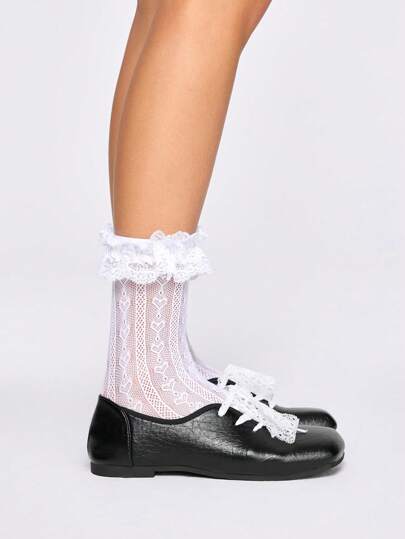 Women's Black Mary Jane Shoes, Closed Toe With Lace Trim, Square Toe Lace-Up Bowknot Formal Work Flats, Suitable For Dresses, Japanese School Uniform, Mule Style