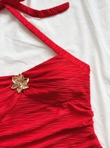 Soleia 白色针织纹理修身吊带背心，V 领和金属扣吊带，适合度假、音乐节、波西米亚风、休闲约会 - 紅色 - 查看 6