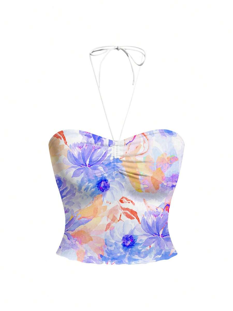 Vecteezy Floral Print Women Casual Ruched Chest Sleeveless Tight Fit Ribbed Camisole Tank Top, Suitable For Summer - Purple - View 1
