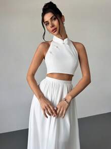 Firerie Women Elegant Minimalist Sexy Vacation Beach Mandarin Collar Backless Top And Pleated A-Line Skirt 2 Pieces Set, White - White - View 7