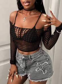 BamGleam Women's Solid Color Off-Shoulder Long Sleeve Fitted Sexy Hollow Out Mesh Top Fall Cloth For Women