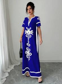 Elenzga 女士优雅撞色花卉印花长裙 - 寶藍色 - 查看 7