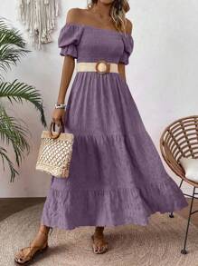 SHEIN Clasi 女式时尚纯色A字喇叭泡泡袖长裙女装 - 淺灰紫 - 查看 6