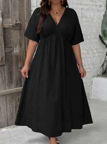 SHEIN VCAY Rochie cu mânecă scurtă, de zi cu zi, cu mâneci scurte, de damă, de mărime mare, culoare uni, negru