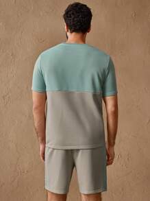 Manfinity NXTstreet 2pcs/Set Men's Casual Knit Patchwork Close-Fitting Crew Neck Short Sleeve T-Shirt Set - Multicolor - View 4